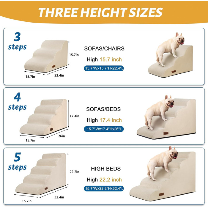 Сходинка для собак та котів на 4 сходинки, стійка, антиковзка, 44.2 см, бежева