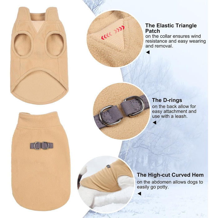 Тепла жилетка для собак BEAUTYZOO з капюшоном та кільцем для повідка – зимова куртка для маленьких та середніх собак, Бежевий, M (Обхват грудей: 43.1 см)
