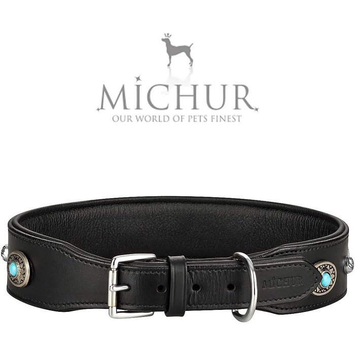 Нашийник для собак MICHUR Alonzo з натуральної шкіри, чорний, широкий, з синіми каменями та заклепками, різні розміри, обхват шиї 33-38 см