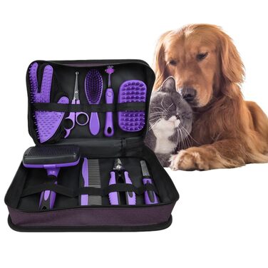 Набір для догляду за шерстю собак та котів (9 шт.): триммер для кігтів, щітка-вичесалка, купальна щітка, скребок для шампуню та аксесуари для грумінгу для короткошерстих та довгошерстих тварин