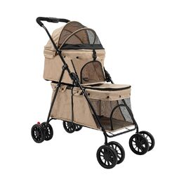 Складаний візок для собак та котів, 2-рівневий, з сумкою та ременями безпеки (Хакі)