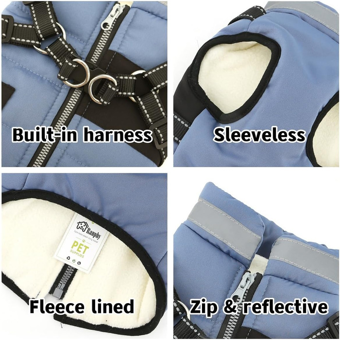 Тепла куртка для собак Yorkie та Chihuahua з підкладкою з флісу та інтегрованим повідком, вітронепроникна, (S, блакитна)