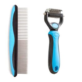 Інструмент для видалення підшерстя домашніх тварин: двосторонній гребінь та щітка для котів та собак. Видаляє звальне та заплутане підшерстя. (Синій та чорний, розмір Small)