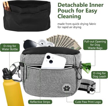 Преміум сумка для собачих ласощів для дресирування, велика місткість, сумка для прогулянки з тримачем для пакетів, регульований ремінь, сумка для цуценят, бананка для собак