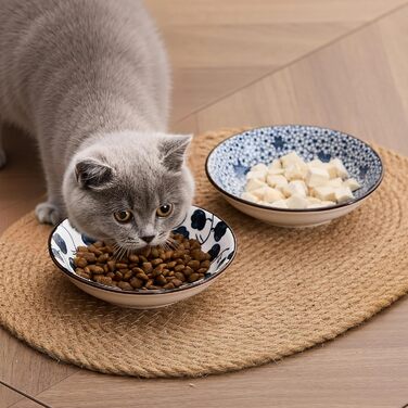 Керамічна годівниця для котів та собак - миска для корму маленьких котів, вінтажний синьо-білий дизайн (14 см), неслизька миска для котів - набір 2 шт.