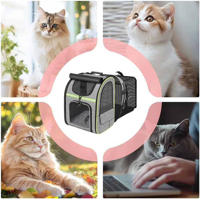 Транспортна сумка для котів, рюкзак для маленьких собак – дихаюча, розкладна сумка-переноска для подорожей, сіра з зеленими вставками