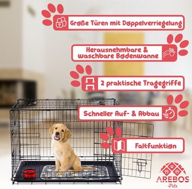 Клітка для собак Arebos | Транспортна переноска для собак, складана | Клітка-переноска для авто | Клітка для собак з 2 дверцятами | Чорна (92,5 x 60 x 66 см)