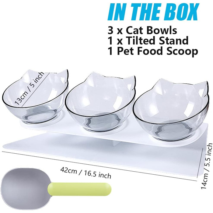 Набір мисок для котів з підставкою, 3 шт. - піднята миска для кошенят, анти-блювотний дизайн, прозорий пластик