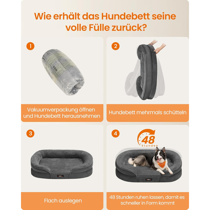 Ліжко для собак Feandrea, ортопедичне, середнього розміру, 76x51x18 см, водовідштовхувальне, знімний чохол, антиковзаюче покриття, сірий колір