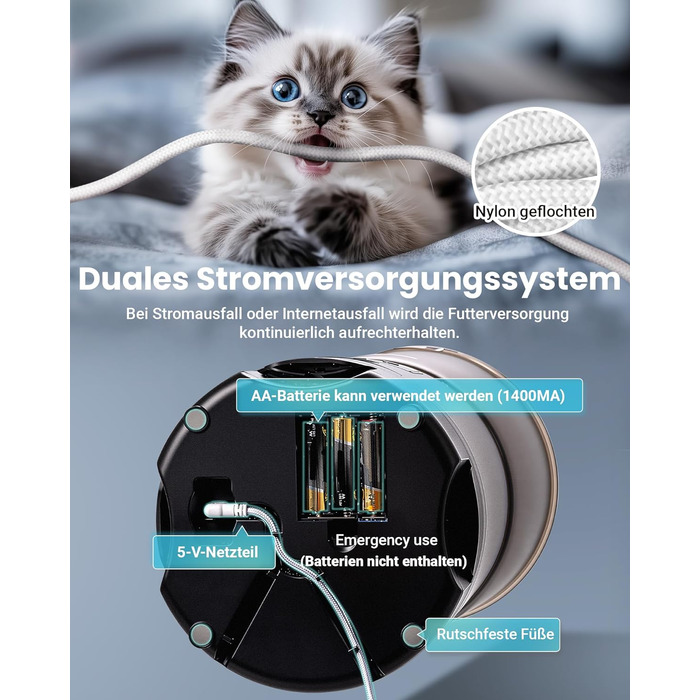 Автоматичний годівниця для котів з Wi-Fi та таймером, 6 л / 25 чашок, 3 миски, 3 пакети силікагелю, система проти застрягання, 2.4G Wi-Fi, запис голосу 10 секунд, чорний