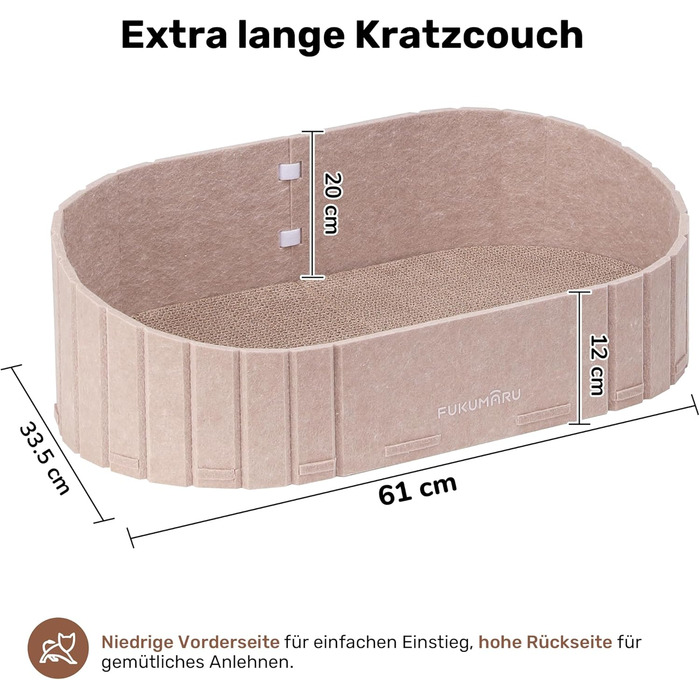 Кразберідка для котів FUKUMARU: диван з крафт-паперу, 61 см, з м'якими подушками, бежевий