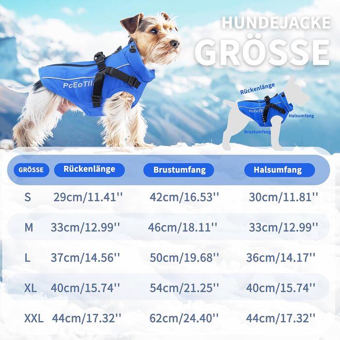 Водонепроникний собачий плащ PcEoTllar для маленьких собак, тепла куртка з шлейкою для зими, костюм для катання на лижах, бавовна, блакитний собачий пуловер L