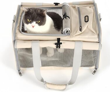 Велика переносна сумка для котів, собак, цуценят до 8 кг, з безпечними замками та регульованим плечовим ременем. Дихаюча, складана сумка-переноска для подорожей, до ветеринара, в авто та літак (Бежевий)