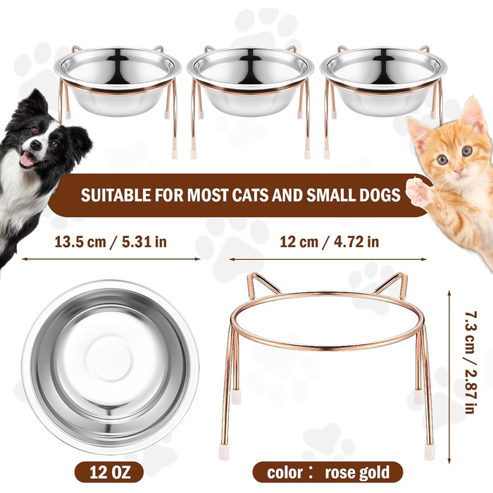 Набір з 6 піднятих мисок для котів, 14 см, нержавіюча сталь, миски для котів з металевим підставкою, без стресу, для вусів, піднята годівниця та миска для води для котів, кошенят, маленьких собак, 340 мл