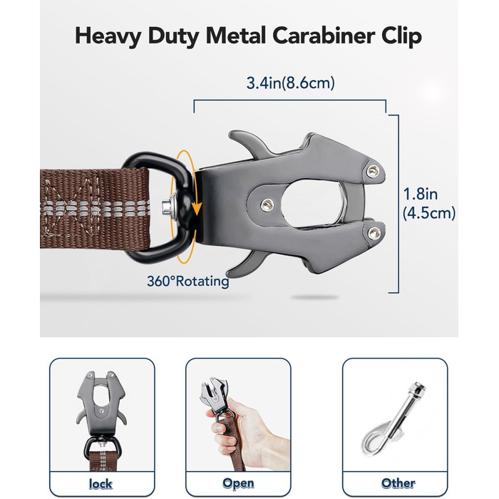 Тактична повідок для собак Joytale, еластична повідок з 2 м'якими ручками, страхувальний ремінь для автомобіля, повідок без ривка для собак середніх, великих та екстра-великих порід (1.2м-1.8м, коричнева)