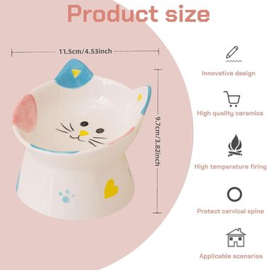 Керамічний годівниця для котів з підставкою, нахилений дизайн, захист шиї, запобігання переливання води, чорний/білий/блакитний