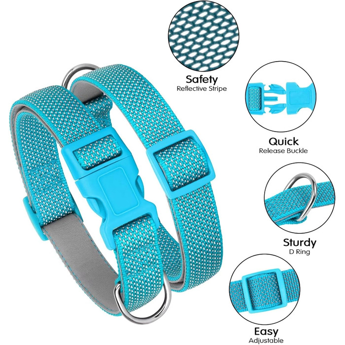 Світловідбиваючий нашийник для собак Didog з пряжкою, регульований, м'який неопрен, з підкладкою, нейлон, для малих, середніх та великих собак, L (M: обхват шиї 25-43 см, блакитний)