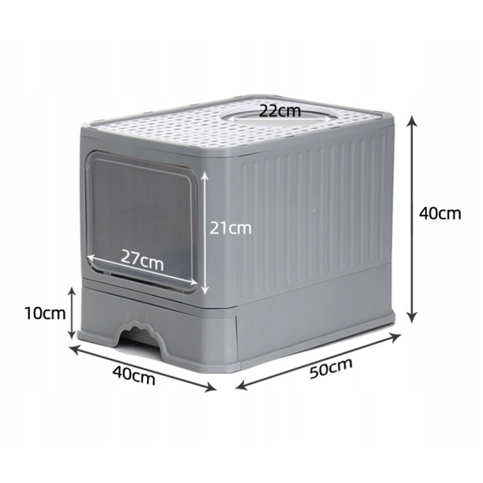 Закритий лоток-туалет для котів, сірий, з ручкою та висувною шухлядою, 50 x 40 x 38 см