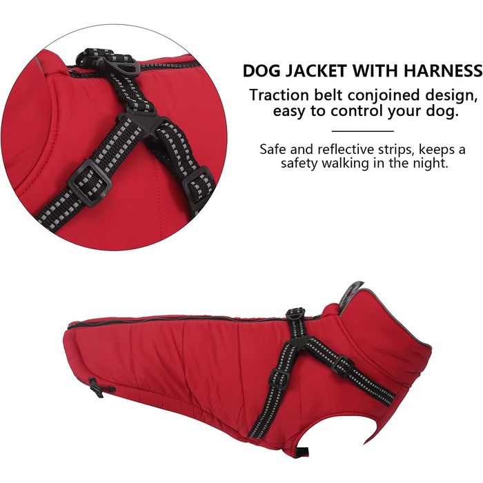 MOREZI Зимова куртка для собак, водонепроникна, з флісовою підкладкою, блискавкою на спині, світловідбиваючими смугами та ременями, для маленьких та середніх собак - Червоний, M (довжина спини: 34 см)