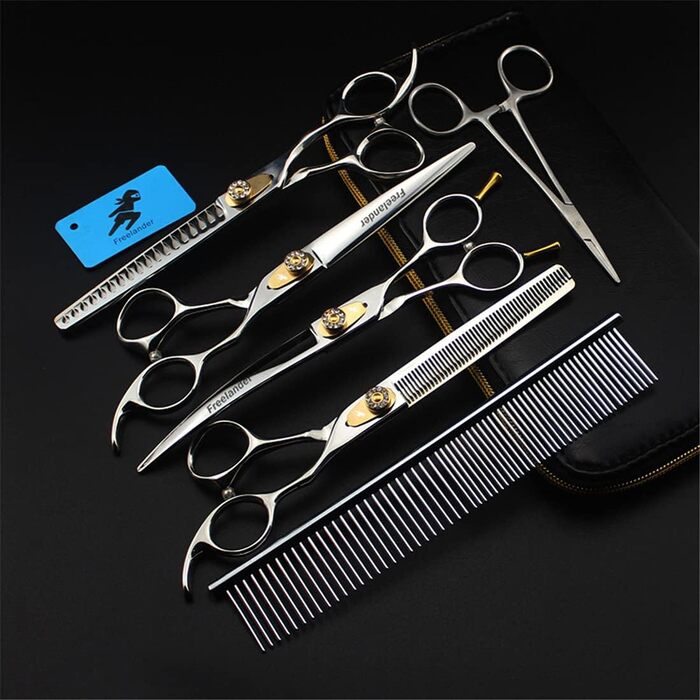 Набір професійних ножиць для грумінгу тварин 7.0 дюймів, 440C нержавіюча сталь, для собак та котів, блакитний (золотий)
