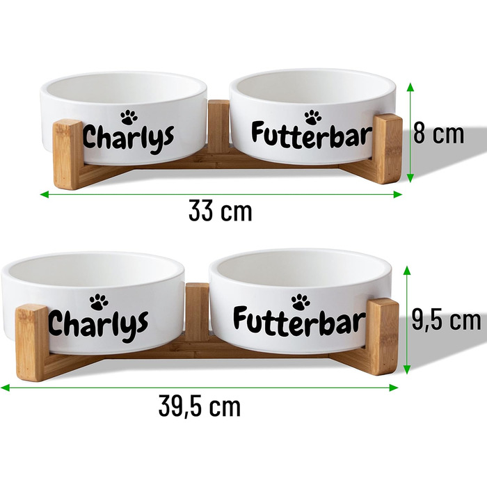 Керамічний двомісний набір мисок з іменем для собак та котів - персоналізований набір мисок з/без підставки | Миска для собак, миска для котів, годівниця для тварин | великі та маленькі чотирилапі | 2x 500мл, з підставкою