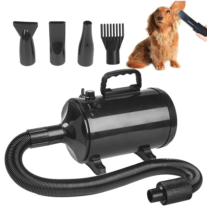 Професійний фен для собак 3200W з 4 насадками, чорний, для грумінгу