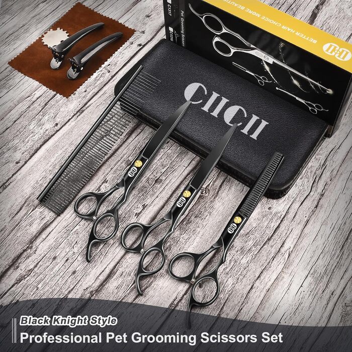 Набір професійних ножиць для грумінгу собак CIICII 10-в-1 з безпечними закругленими кінцями (для собак, котів, тварин). Підходить для стрижки, прорізування та формування шерсті. Срібно-чорний колір.
