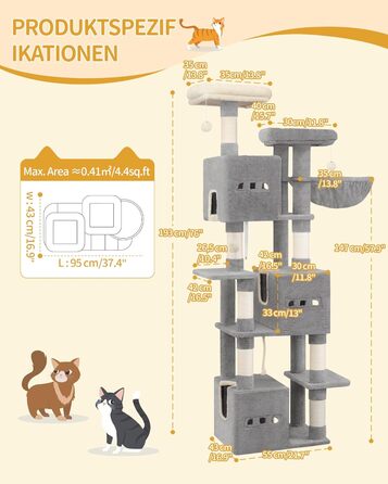 Великий котячий будиночок-кліматизатор, 193 см, XXL, 7 стовпчиків для дряпання, 3 будиночки, 2 платформи, 2 іграшкові кульки, кошик, мотузка для лазіння, багатоповерховий, сірий, MS19218LG