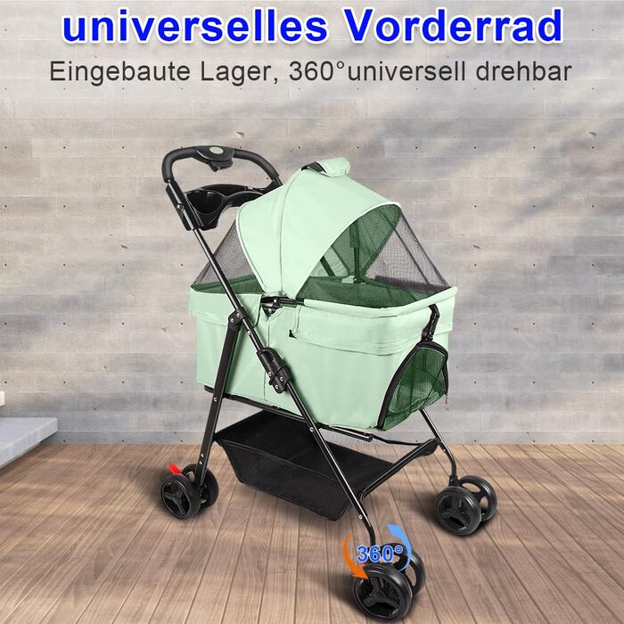 Візок для собак і котів OHMG, розкладний, до 20 кг, з гальмами, великий кошик, 3 вікна, тримач для напоїв, зелений (50 x 65 x 99 см)