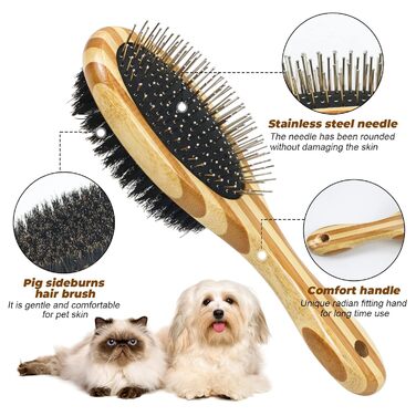 Двостороння щітка для грумінгу собак та котів з дерева, піни та щетини, для короткої та довгої шерсті (великий)