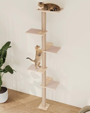 Багатоярусна кігтеточка-стінка для котів з 5 сходами, 5-ярусні полиці для відпочинку та ігри, з міцними кігтеточковими стовпчиками, з антиковзними килимками, для великих котів
