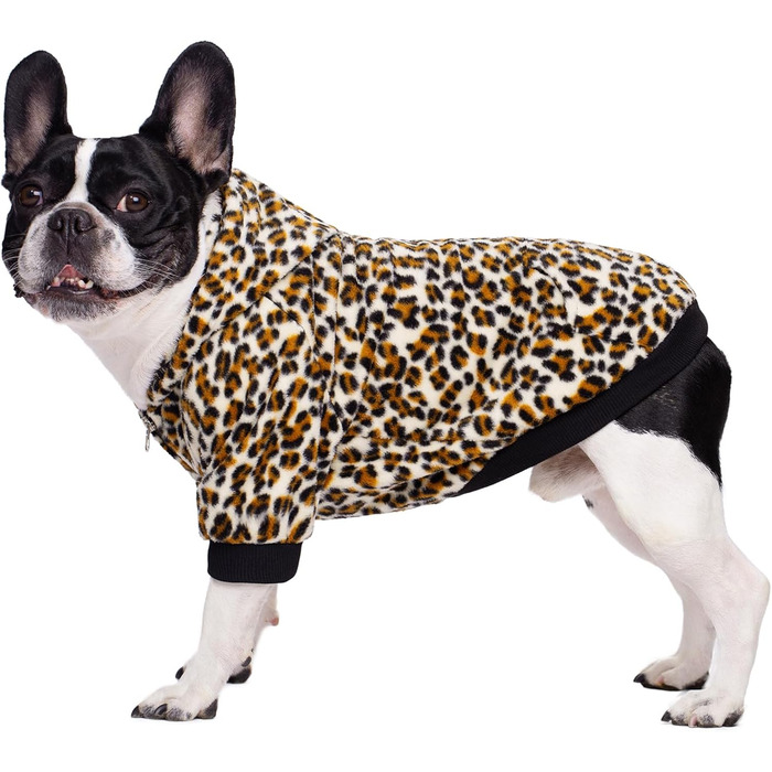 Світшот для собак Французького бульдога з кишенями, теплий флісовий пуловер для маленьких собак, чихуахуа, котів (S, леопард)