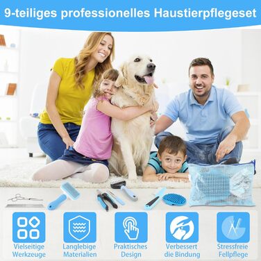 Набір для грумінгу собак та котів (9 предметів) - щітка для самостійного очищення, гребінець для видалення ковтунів, триммер для нігтів з напилком, гребінець від бліх, рукавичка для миття - професійний набір для догляду за шерстю (синій)