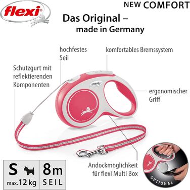 Рулетка для собак Flexi, висувна, з м'якою ручкою, 3/5/8 м, для собак 8-20 кг, червона