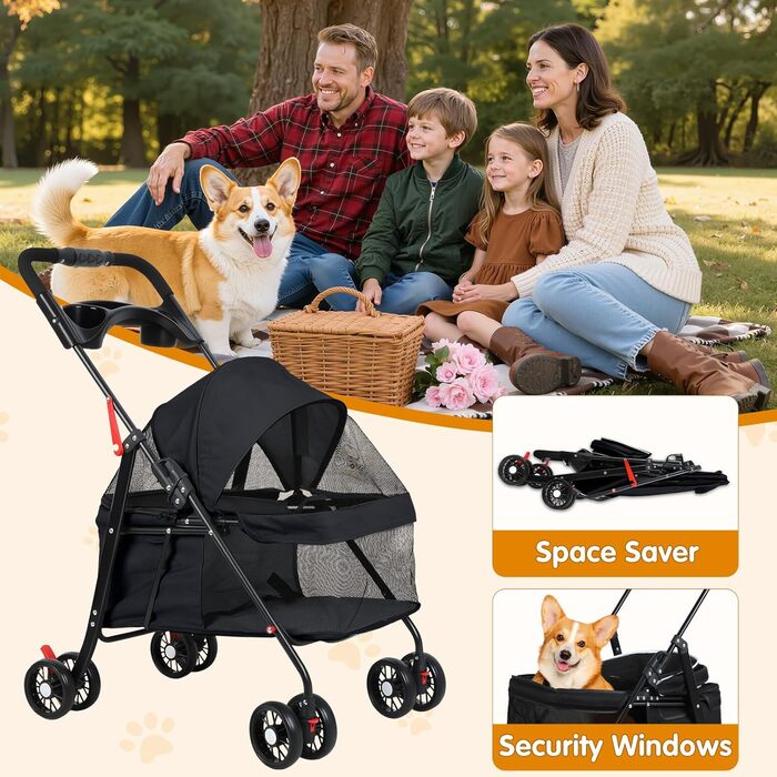 Візок для тварин для маленьких собак і котів, складаний, 4 колеса, легкий, з дихаючим мережем та тримачем для напоїв, чорний