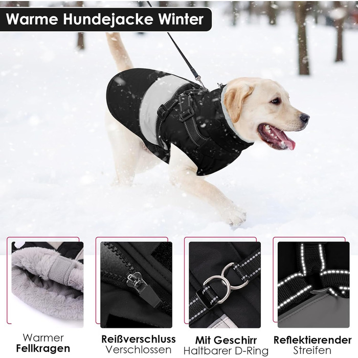 Теплий зимовий одяг для собак AOFITEE: куртка для великих собак, водонепроникна, з отвором для повідка, для Лабрадора, Віндгорда, Голден Ретрівера, 2XL (S, чорний)