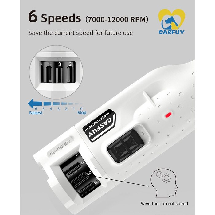 Електричний точило для кігтів собак та котів Casfuy з 6 режимами та LED-підсвіткою (45 dB)