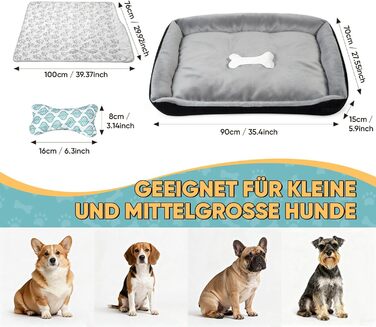 Ліжко для собак 90x70 см з подушкою у вигляді кістки та легкою ковдрою, м'яке диванчик для собак середніх порід з короткого хутра, миється, кошик для собак з неслизьким дном