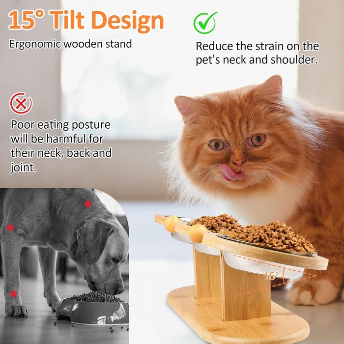 Підвищений годівниця для котів Katzennapf з 3 мисками з нержавіючої сталі, регульована висота, дерев'яний підставник, ергономічна станція для годування, миска для води для котів та маленьких собак