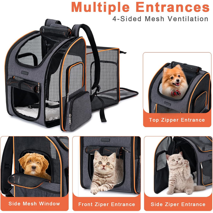 Рюкзак-переноска для собак та котів, сірий, розширюваний, для подорожей літаком