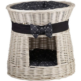 Кругла котяча хатинка e-wicker24 з плетеної лози, двоярусна, з подушкою та стрічкою, котячий оазис (кремовий/чорний)