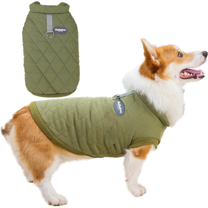 Зунеа Тепла куртка для собак маленьких та середніх порід, для коргі, з кільцем D, флісова підкладка, зимова куртка, захист від холоду, жилет, для цуценят, м'яка, для хлопчиків, такса, зелена, XXL Зелена