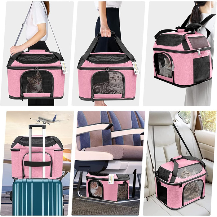 Велика переноска для котів, сертифікована Öko-Tex, м’яка, авіа-допуск TSA, на 2 коти до 9 кг, рожева