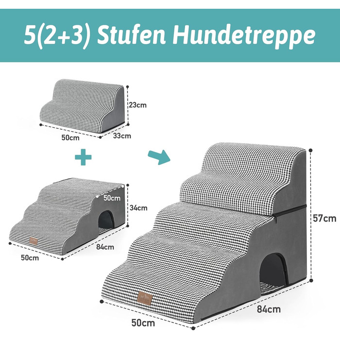 Сходинки для собак COZY KISS - для маленьких собак, з високощільним губчатим матеріалом, зручні та знімні, чорно-білі, 83x50x57 см