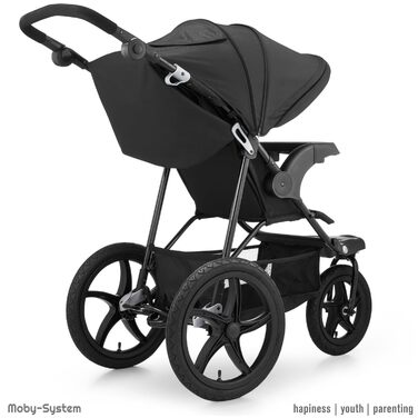 Дитяча коляска Moby-System Runner Mountain 3-колісна з дощем, вантажопідйомність 15 кг, комплект аксесуарів, 5-точкова система ременів, відбивачі, віконце та кошик для речей - Чорний