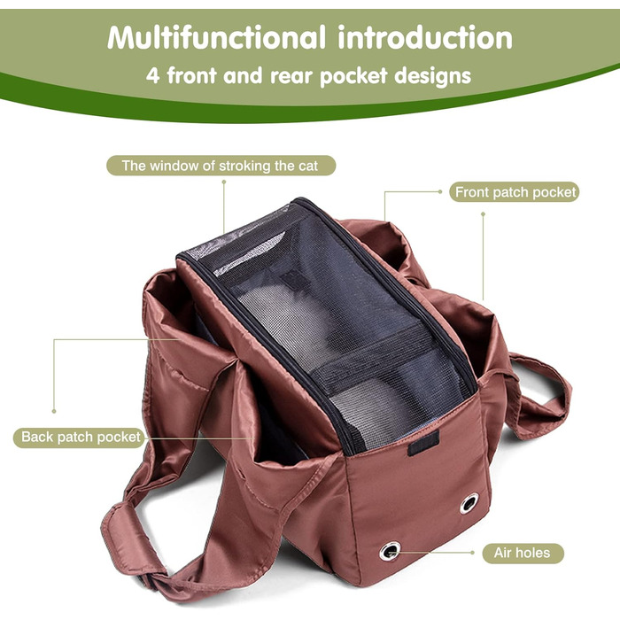 PETCUTE Сумка-переноска для собак та котів, дихаюча, з килимком, плечова сумка з безпечним шнуром та кишенями, для маленьких та середніх собак, цуценят та котів, Карамель