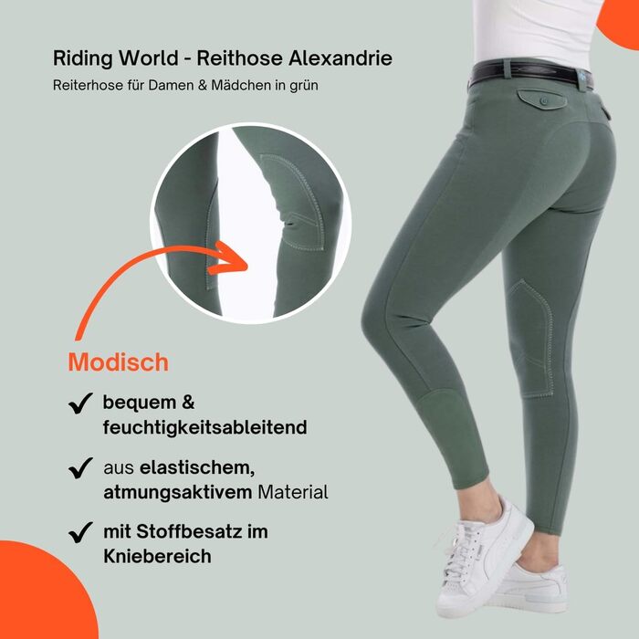 Лосини для верхової їзди Riding World Alexandrie для жінок та дітей | Лосини з накладками на колінах, кишені, 6 кольорів, розміри 104-176 та 32-44, колір: зелений