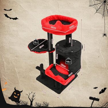 Котячий комплекс Gothic Halloween: стійка кімната з ліжком, будиночком та когтеточками, 84.5 см (Чорний/Червоний)