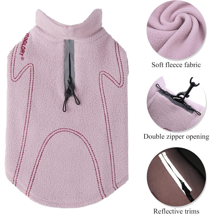 Тепла флісова куртка VIVAGLORY для собак, рожевого кольору, розмір M (обхват грудей 56-68 см), з застібкою-липучкою та отвором для повідка