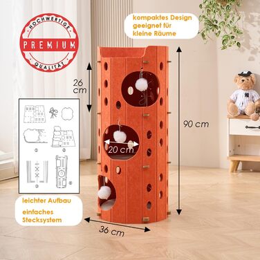 Сучасний котячий комплекс з 4 ярусами та 3 будиночками для котів, фетр, стійка альтернатива котячого будиночка з іграшкою, тихий та компактний (90 см) (Оранжевий, 35 x 35 x 90 см)